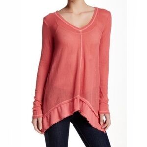 XCVI Assymetrical long Sleeve Hot Pink Mesh Blouse V neck Top